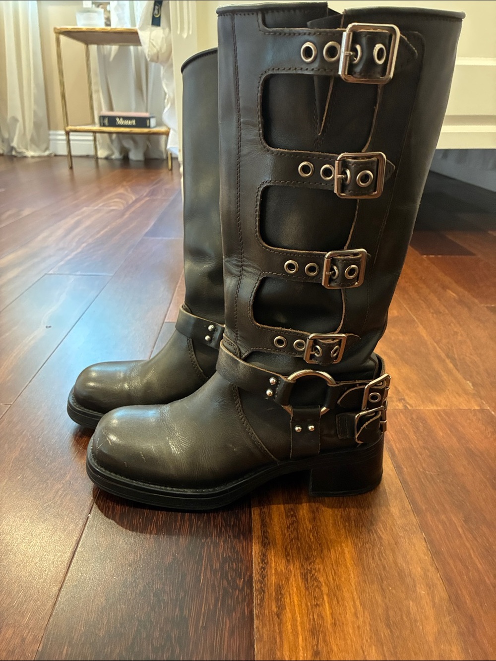 Women’s Black Leather Buckle Harness Boots in Great Condition